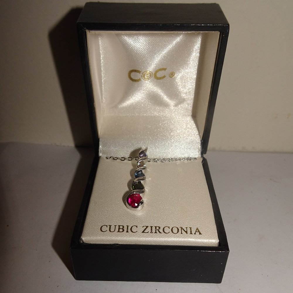 Rainbow Multi-Colored CZ Pendant Necklace, Silver with 18” Chain.